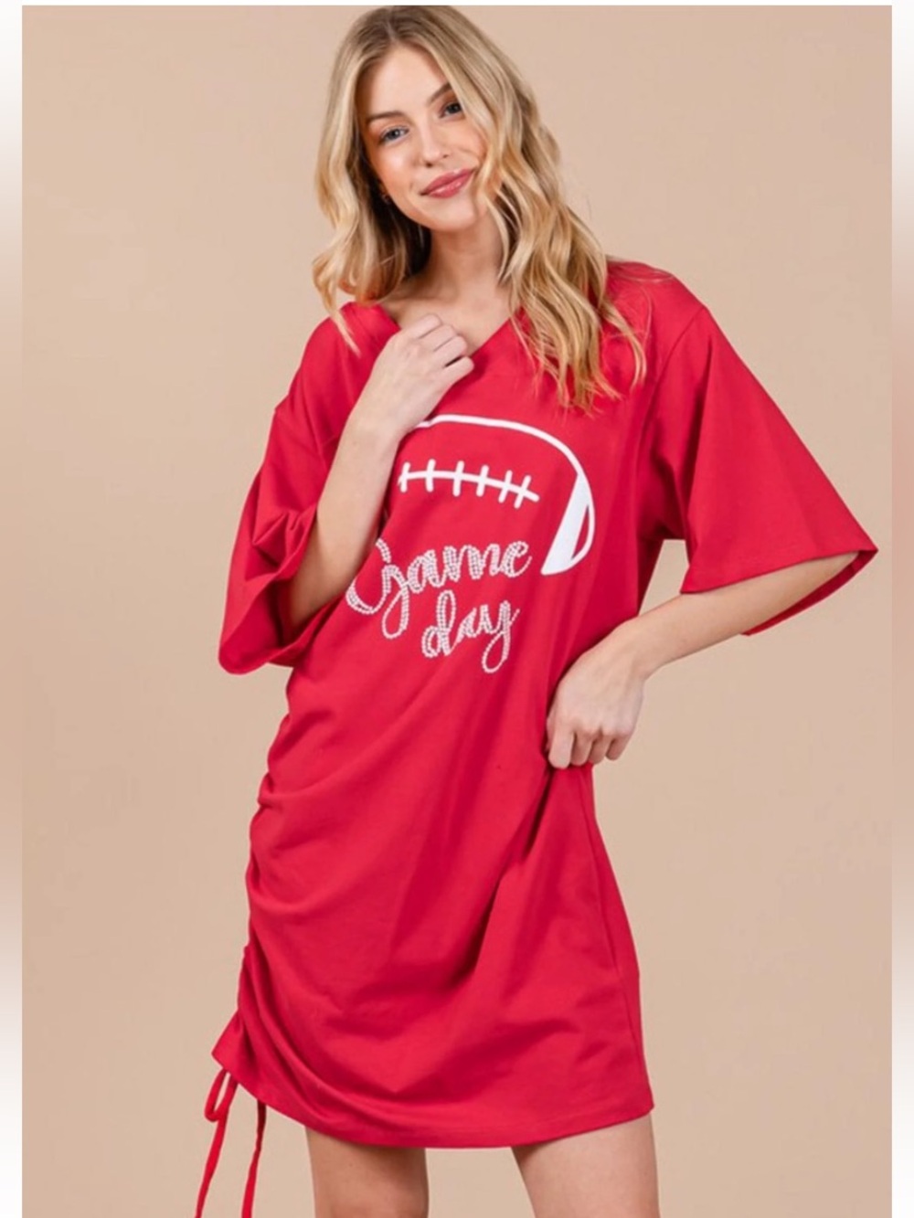 317 CES FEMME WOMEN'S SHORT SLEEVE V-NECK SIDE RUCHED GRAPHIC MINI DRESS - Picture 3 of 3